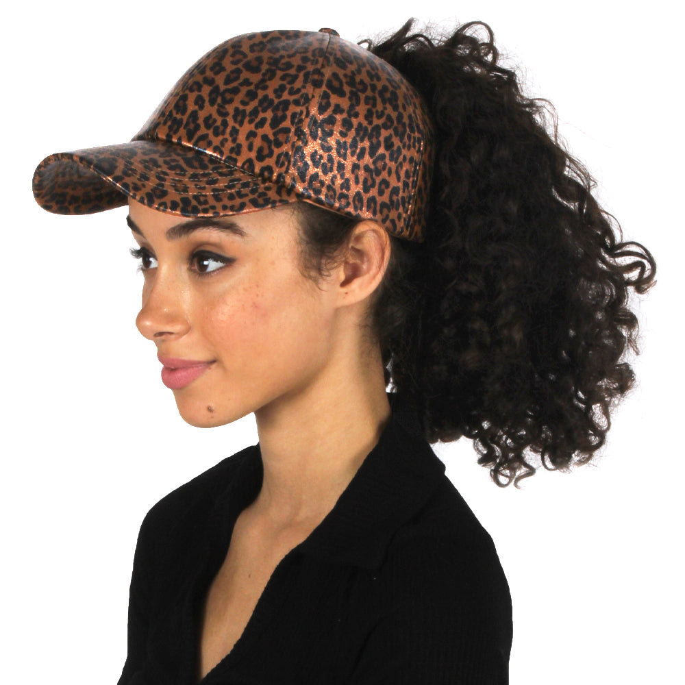 Satin Lined Ponytail Hat Shimmery Leopard Print